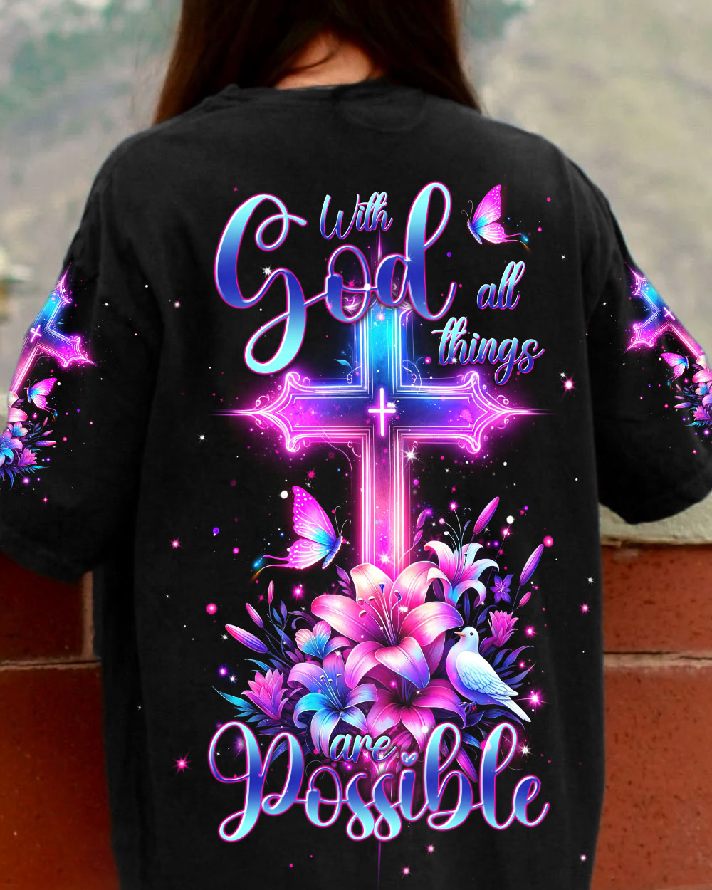 With God All Things Are Possible Cross Glowing Women's All Over Print Shirt - Tlnt0112234