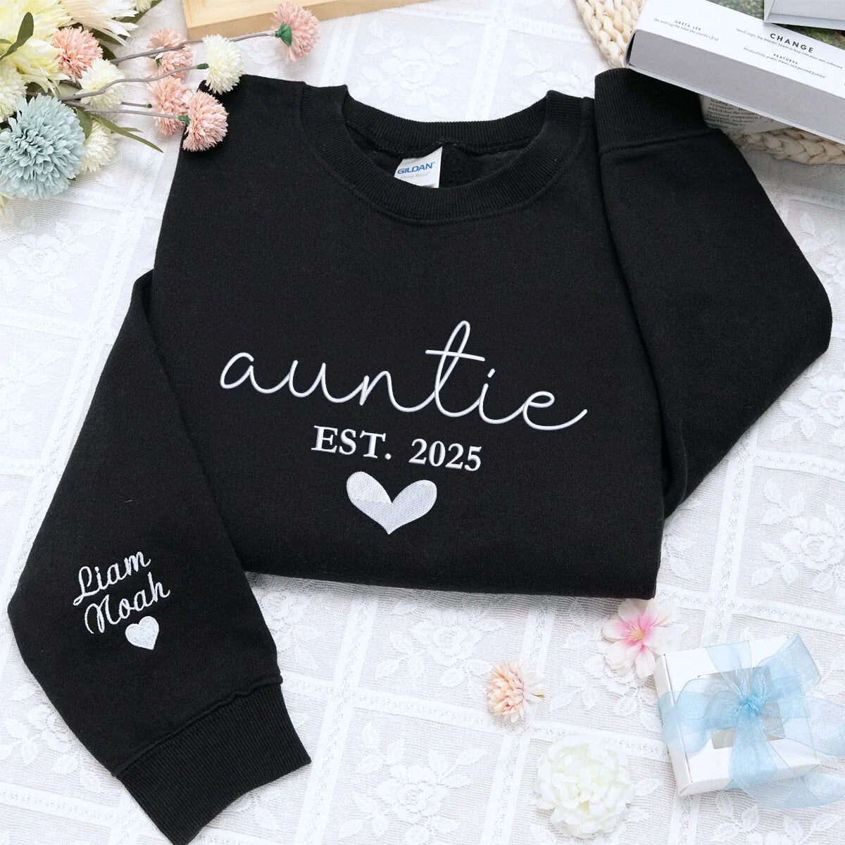 Best Aunt Ever Sweatshirt or Hoodie with Kids Names on Sleeve, Custom Embroidered Gift for Auntie