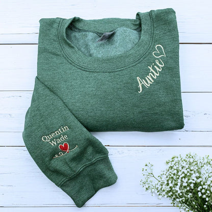 Aunt Sweatshirt or Hoodie with Niece or Nephew Names on Sleeve, Custom Embroidered Gift for Aunt