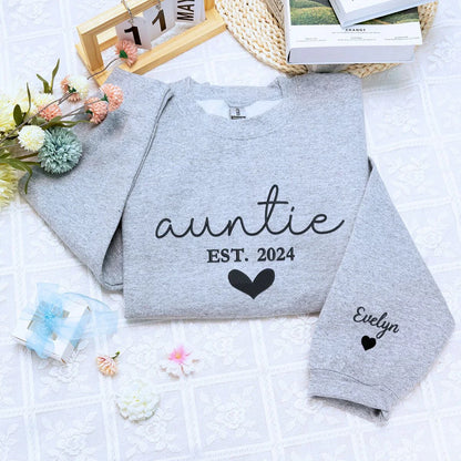 Best Aunt Ever Sweatshirt or Hoodie with Kids Names on Sleeve, Custom Embroidered Gift for Auntie