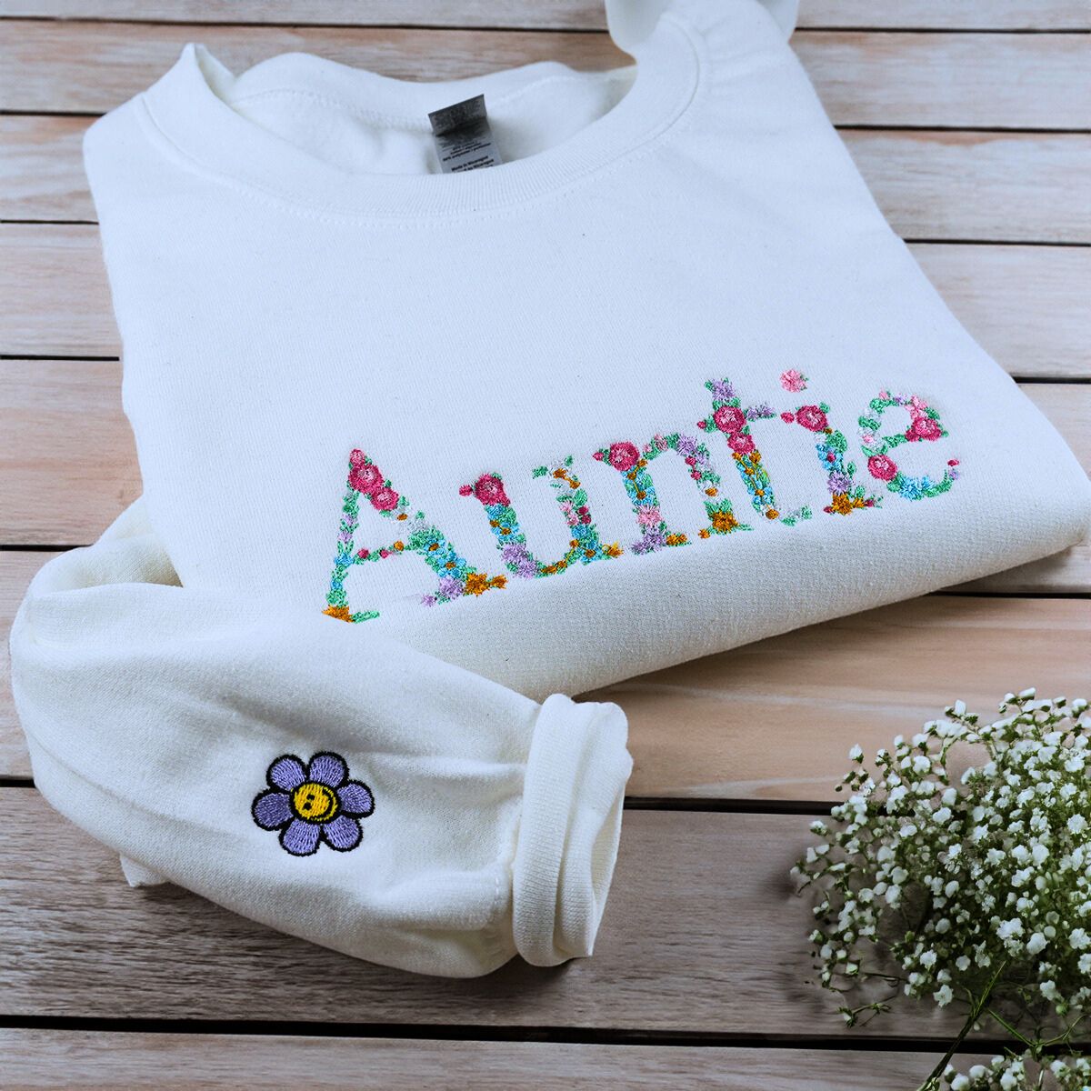Auntie Floral Sweatshirt or Hoodie with Niece or Nephew Names on Sleeve, Custom Embroidered Gift for Auntie