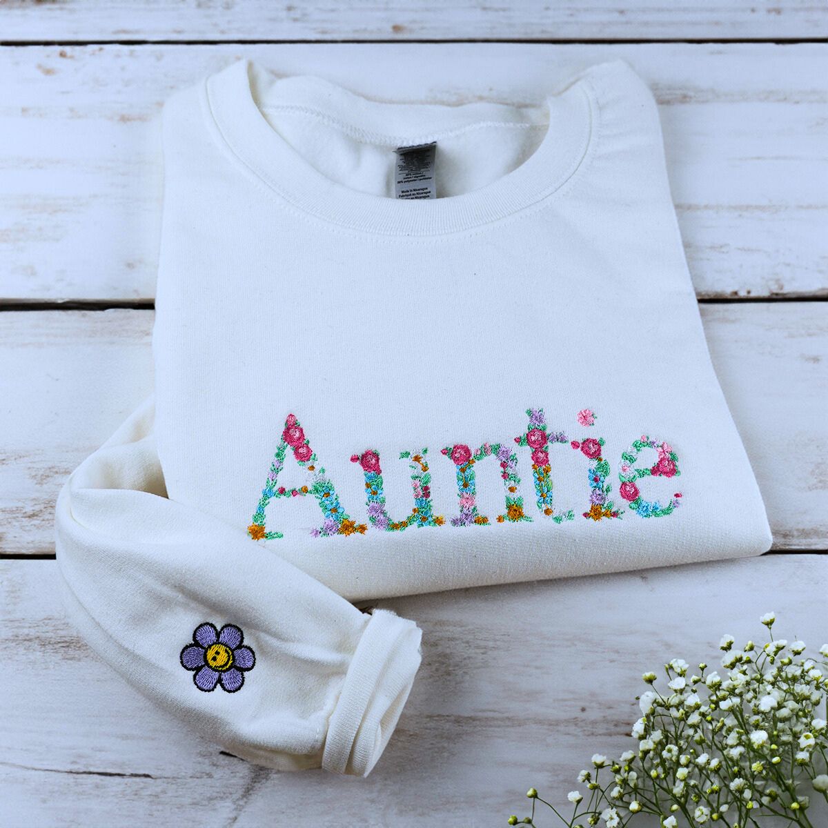 Auntie Floral Sweatshirt or Hoodie with Niece or Nephew Names on Sleeve, Custom Embroidered Gift for Auntie