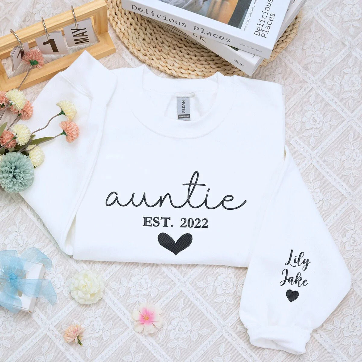 Best Aunt Ever Sweatshirt or Hoodie with Kids Names on Sleeve, Custom Embroidered Gift for Auntie