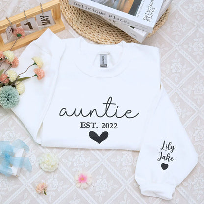 Best Aunt Ever Sweatshirt or Hoodie with Kids Names on Sleeve, Custom Embroidered Gift for Auntie