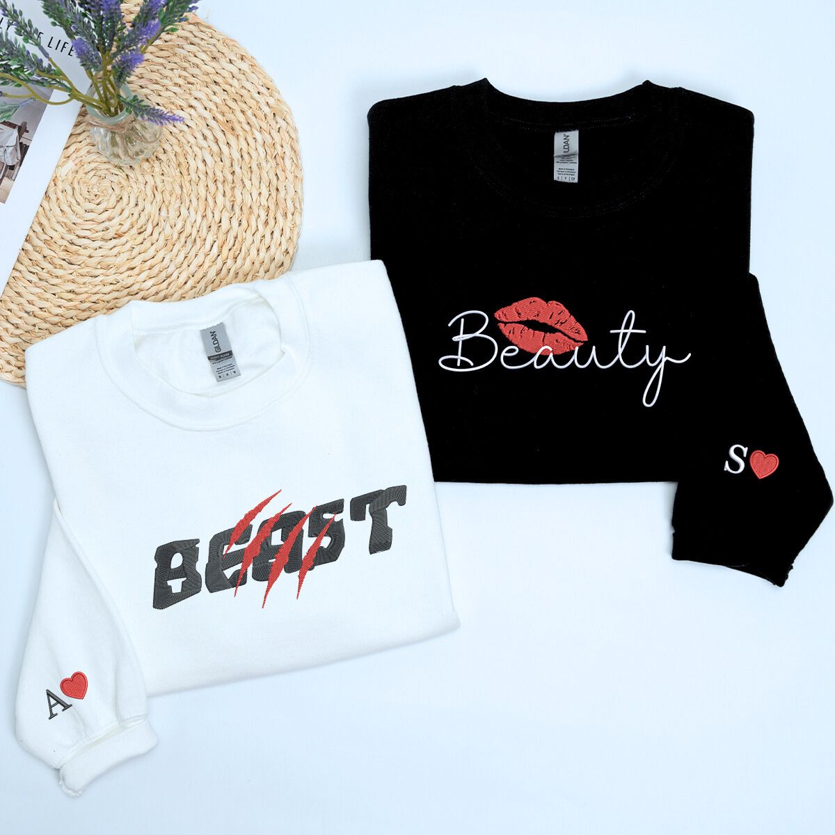 Beauty and Beast Sweatshirt or Hoodie, Custom Embroidered Gift for Couples Valentine Day