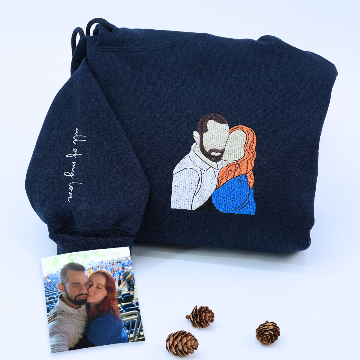 Custom Embroidered Photo Portrait Couple Hoodie or Sweatshirt, Personalized Gift for Him Her