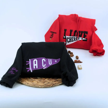 Custom Embroidered Pennant Sweatshirt or Hoodie with Team Name, College Football Sport Team Game Day Gift