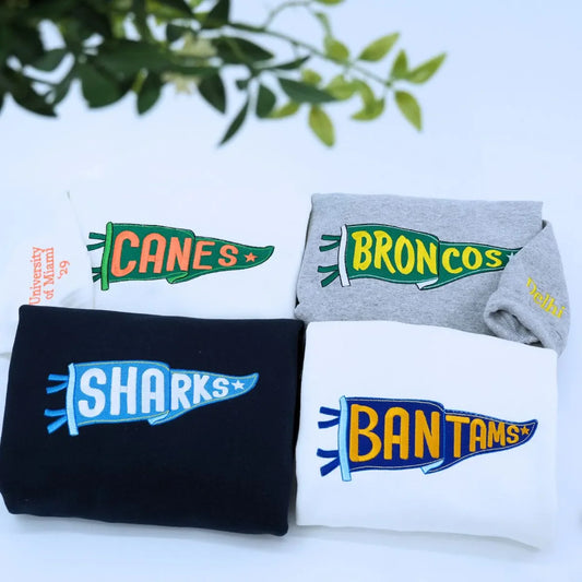 Custom Embroidered Pennant Sweatshirt or Hoodie with Team Name, College Football Sport Team Game Day Gift