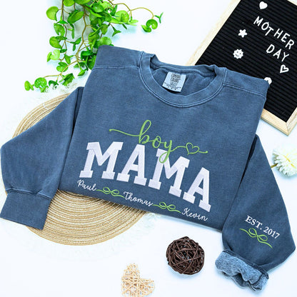 Boy Mama Sweatshirt or Hoodie with Embroidered Kids Names on Chest