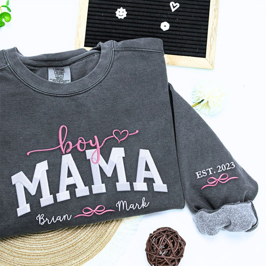 Boy Mama Sweatshirt or Hoodie with Embroidered Kids Names on Chest