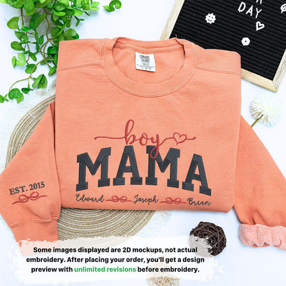 Boy Mama Sweatshirt or Hoodie with Embroidered Kids Names on Chest