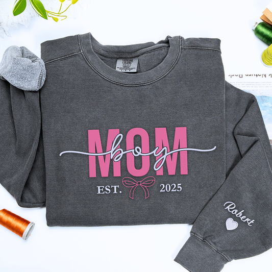 Boy Mom Sweatshirt or Hoodie with Embroidered Names on Sleeve, Custom Gift for Boy Mom
