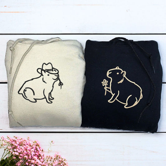 Capybara Couple Sweatshirt or Hoodie Matching, Custom Embroidered Valentines Gifts for Him