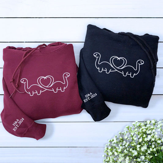 Custom Dinosaur Heart Shaped Tail Sweatshirt or Hoodie, Embroidered for Couple Valentine's Gifts