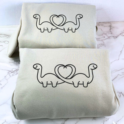 Custom Dinosaur Heart Shaped Tail Sweatshirt or Hoodie, Embroidered for Couple Valentine's Gifts