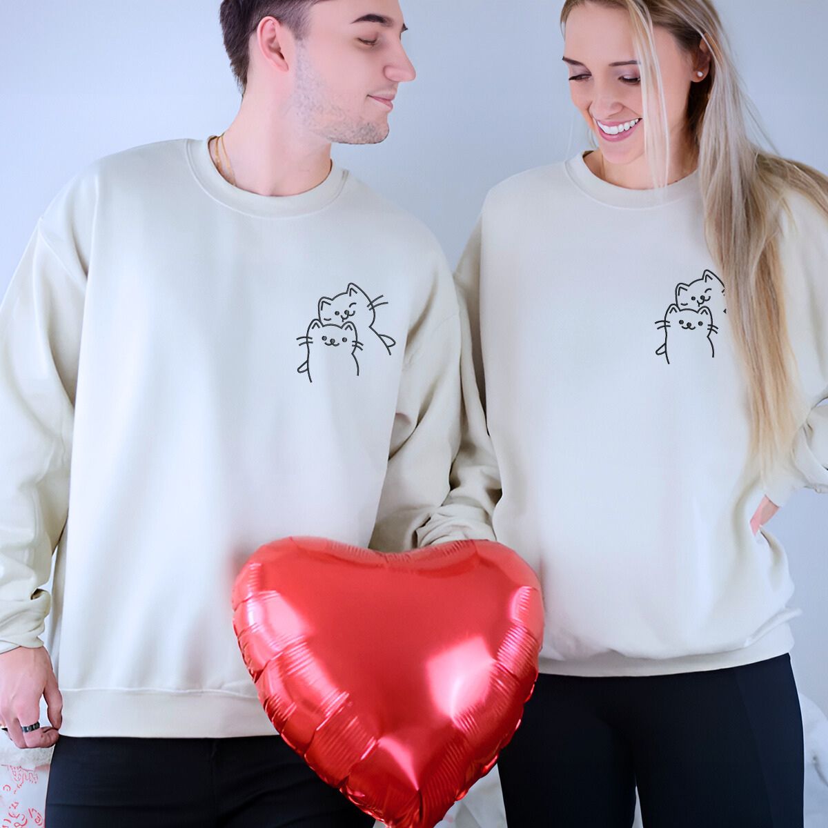 Custom Doodle Cat Matching Sweatshirt or Hoodie, Embroidered Valentines Day Gifts For New Relationship