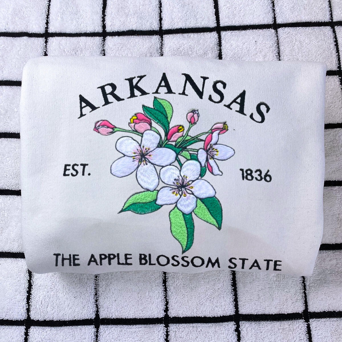 Arkansas State Sweatshirt or Hoodie, Embroidered Gift - Est. 1836 Apple Blossom Flower