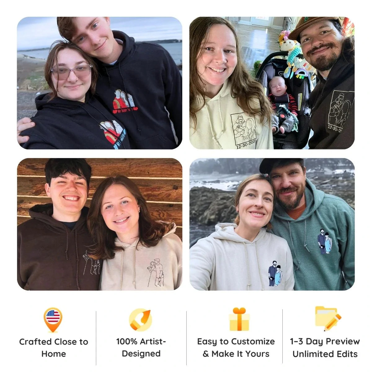 Custom Couple His and Her Portrait Shirt, Sweatshirt or Hoodie, Personalized Embroidered Gift for Him Her