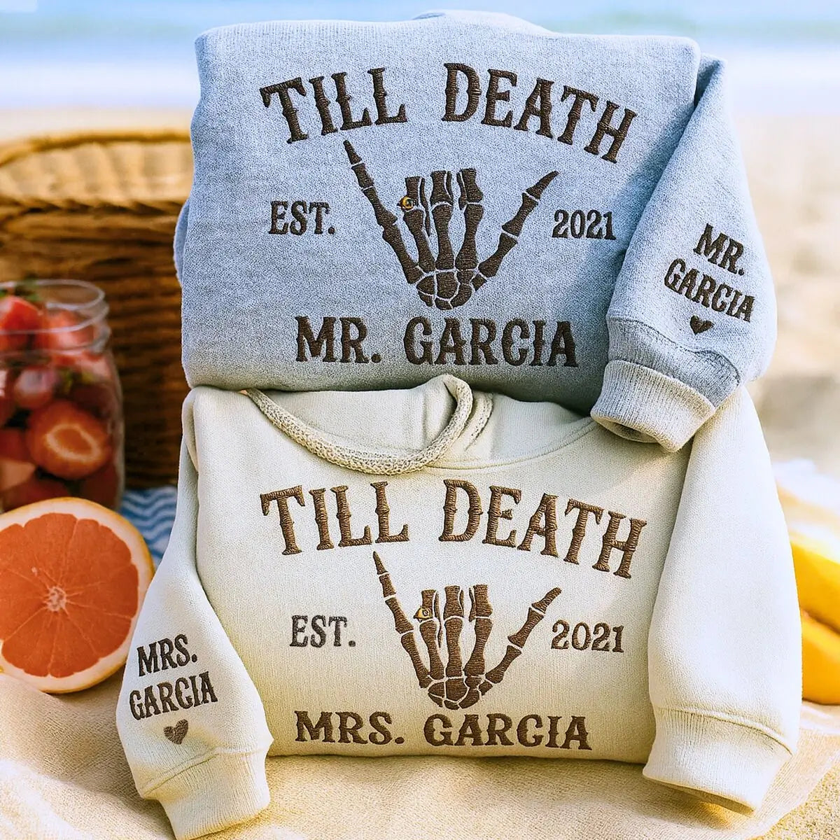 Custom Embroidered Skeleton Till Death Married Couple Mr Mrs Matching Newlywed Husband and Wife Sweatshirt or Hoodie