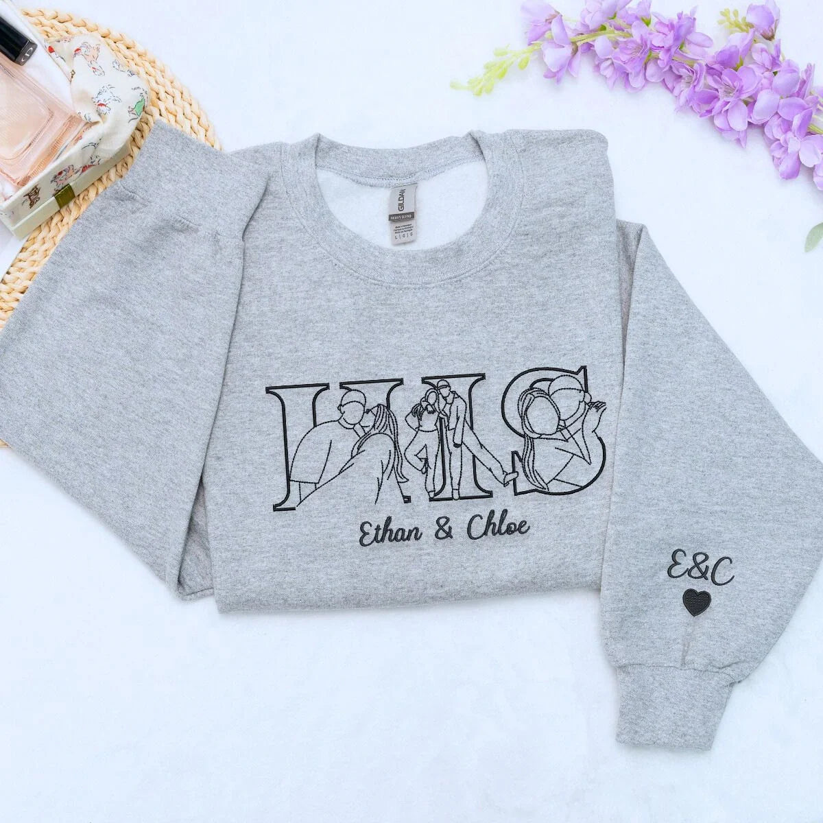 Custom Couple His and Her Portrait Shirt, Sweatshirt or Hoodie, Personalized Embroidered Gift for Him Her