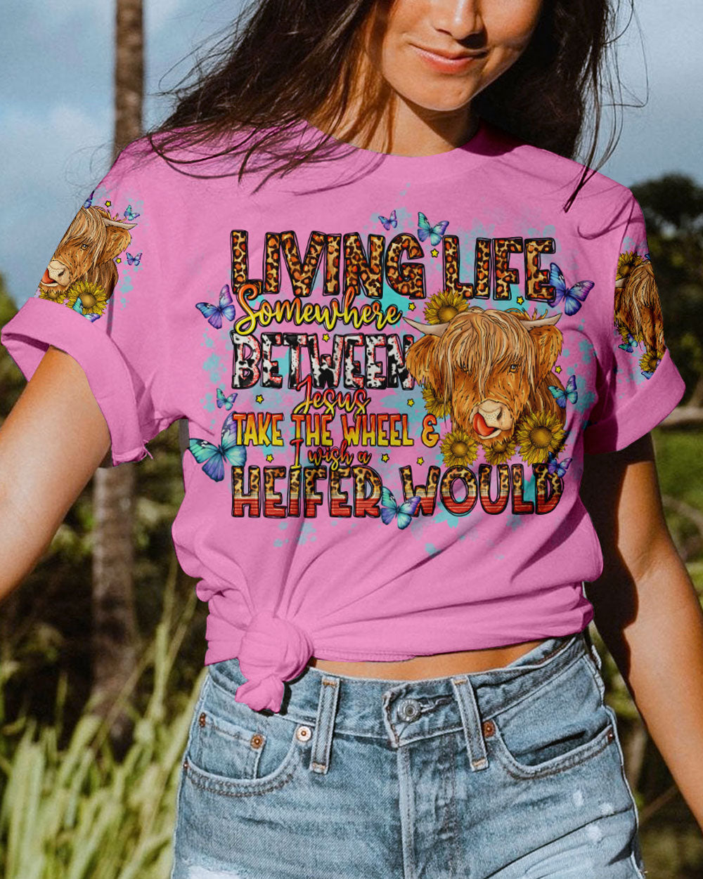 Living Life Somewhere Between Jesus Cow Women's All Over Print Shirt- Tlno1309234