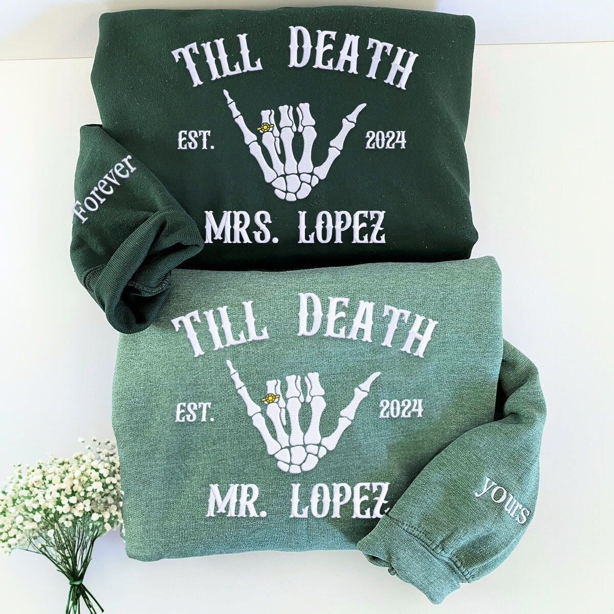 Custom Embroidered Skeleton Till Death Married Couple Mr Mrs Matching Newlywed Husband and Wife Sweatshirt or Hoodie