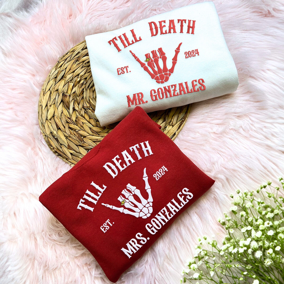 Custom Embroidered Skeleton Till Death Married Couple Mr Mrs Matching Newlywed Husband and Wife Sweatshirt or Hoodie