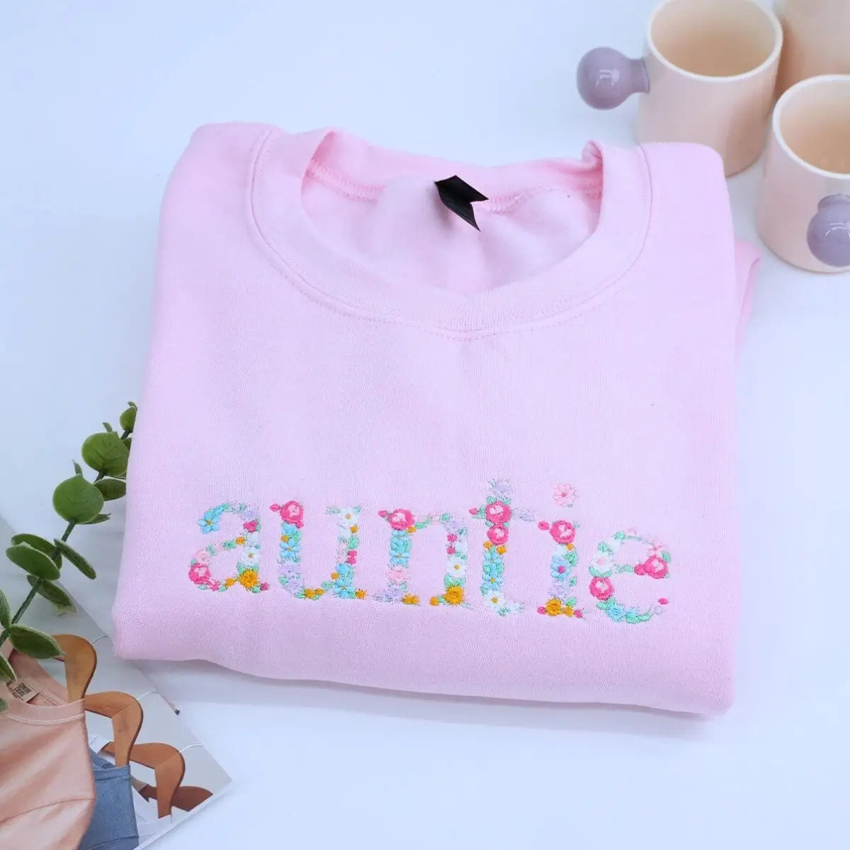 Auntie Floral Sweatshirt or Hoodie with Niece or Nephew Names on Sleeve, Custom Embroidered Gift for Auntie