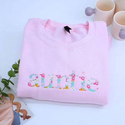 Auntie Floral Sweatshirt or Hoodie with Niece or Nephew Names on Sleeve, Custom Embroidered Gift for Auntie