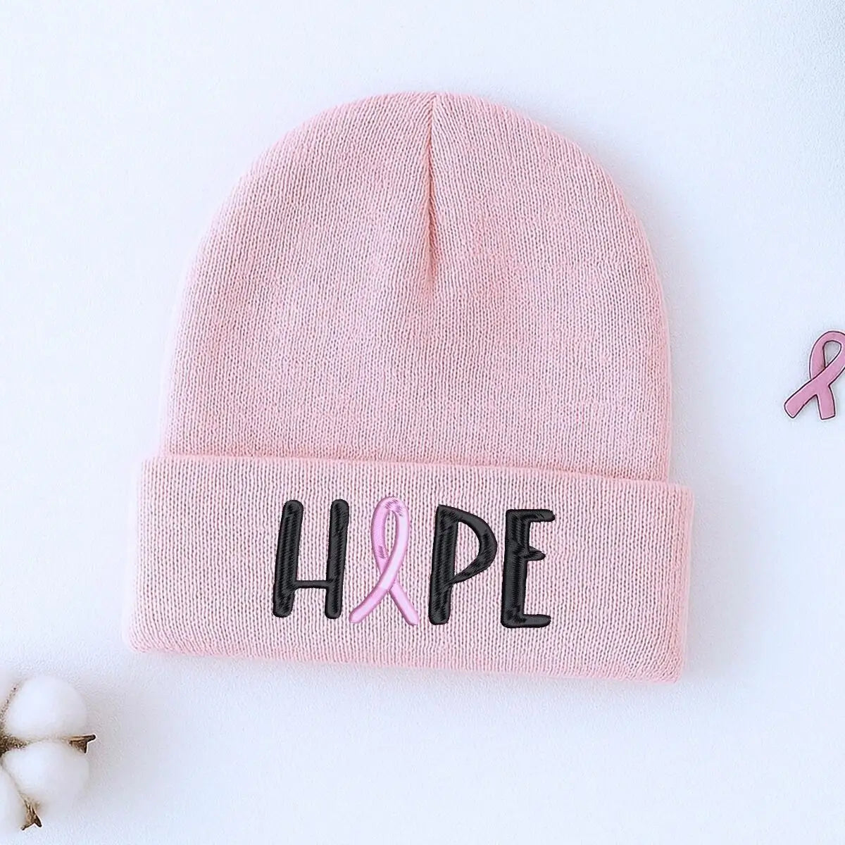Custom Embroidered Breast Cancer Awareness Beanie, Embroidery Knit Cuffed Cap for Women Breast Cancer Gifts