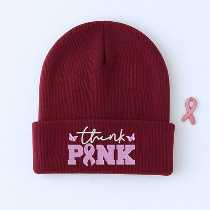 Custom Embroidered Breast Cancer Awareness Beanie, Embroidery Knit Cuffed Cap for Women Breast Cancer Gifts