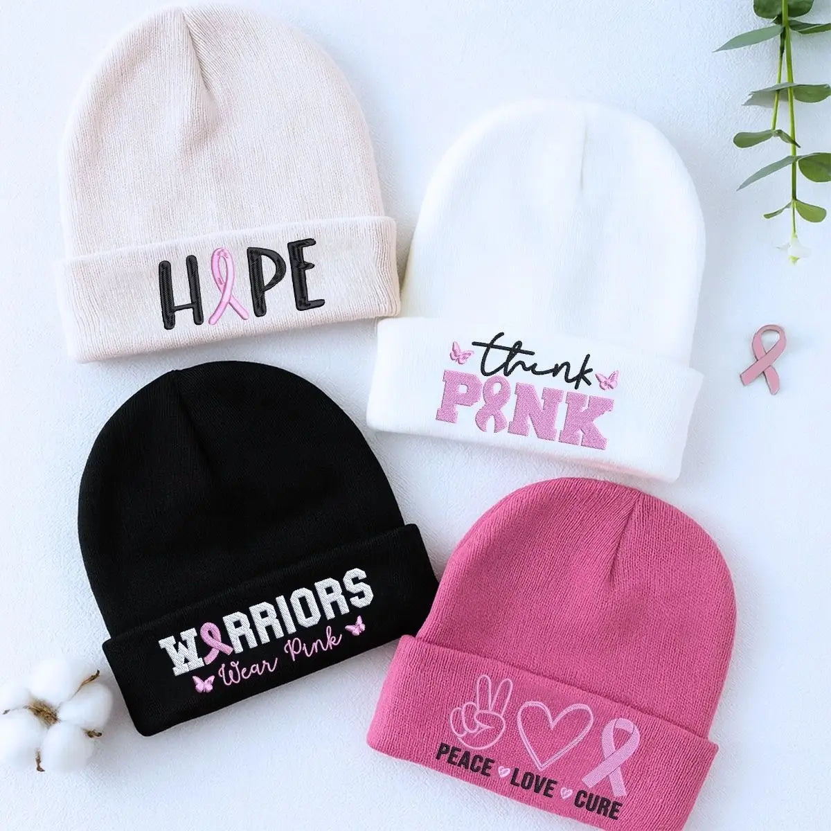 Custom Embroidered Breast Cancer Awareness Beanie, Embroidery Knit Cuffed Cap for Women Breast Cancer Gifts