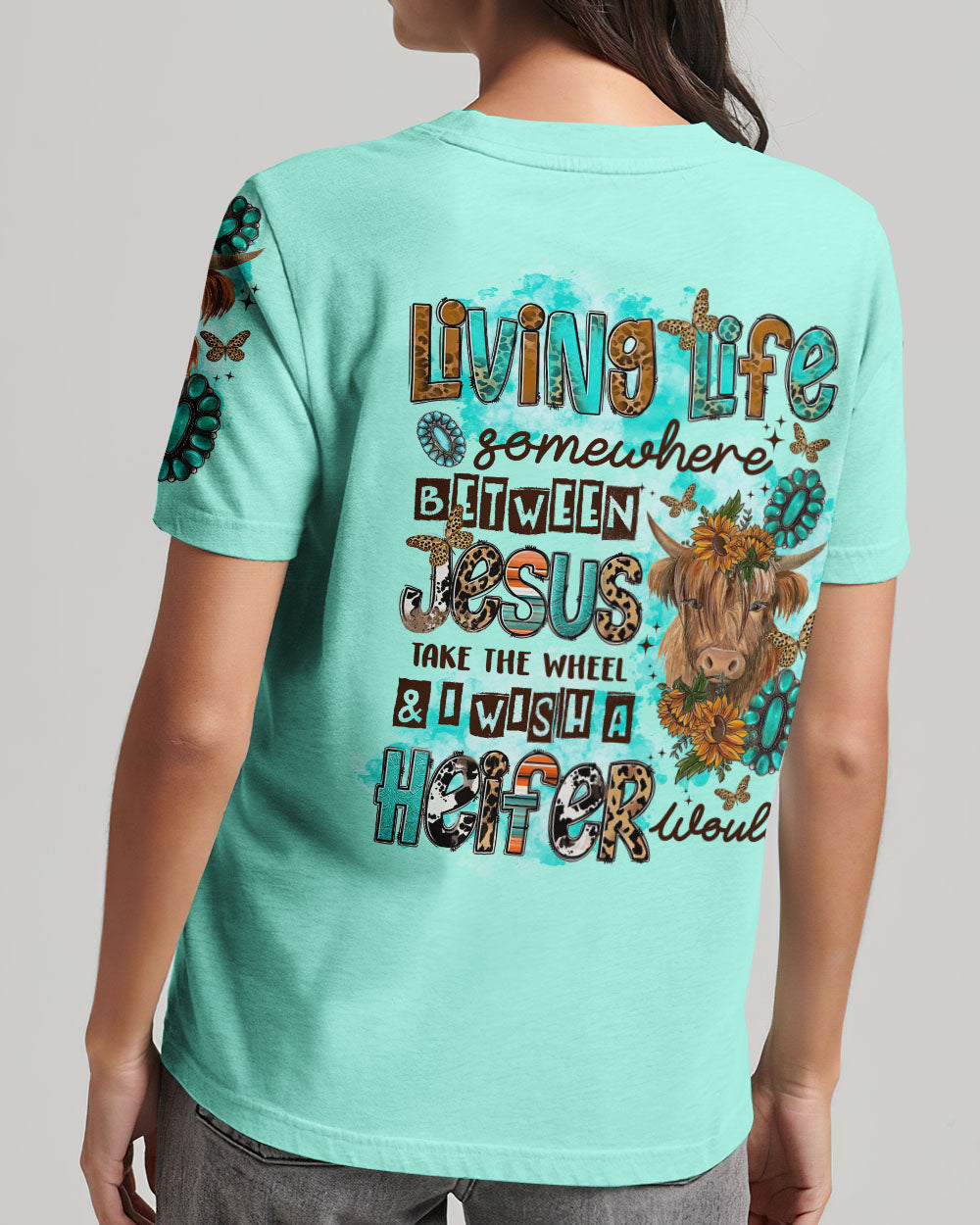 Living Life Somewhere Between Jesus Cow Women's All Over Print Shirt - Tltr3108231