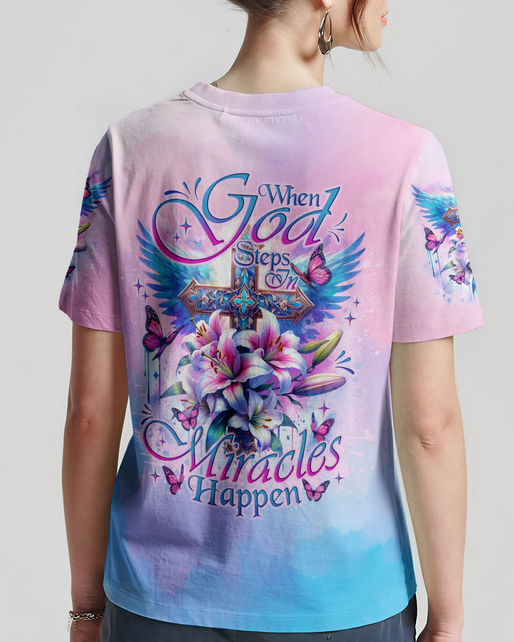 When God Steps In Miracles Happen Cross Lilies Women's All Over Print Shirt - Tlno0502242