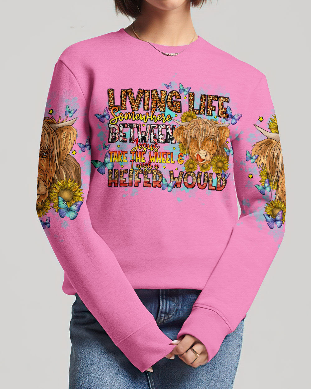 Living Life Somewhere Between Jesus Cow Women's All Over Print Shirt- Tlno1309234