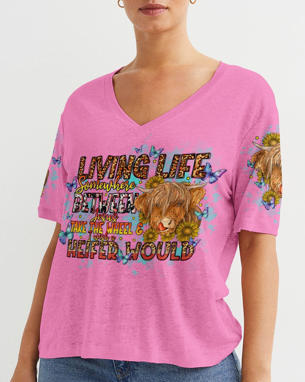 Living Life Somewhere Between Jesus Cow Women's All Over Print Shirt- Tlno1309234