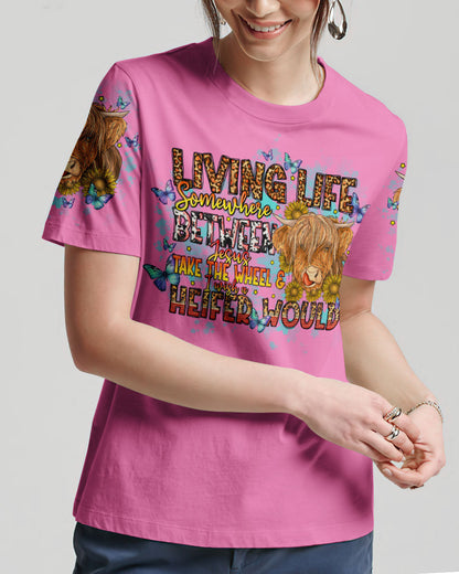 Living Life Somewhere Between Jesus Cow Women's All Over Print Shirt- Tlno1309234