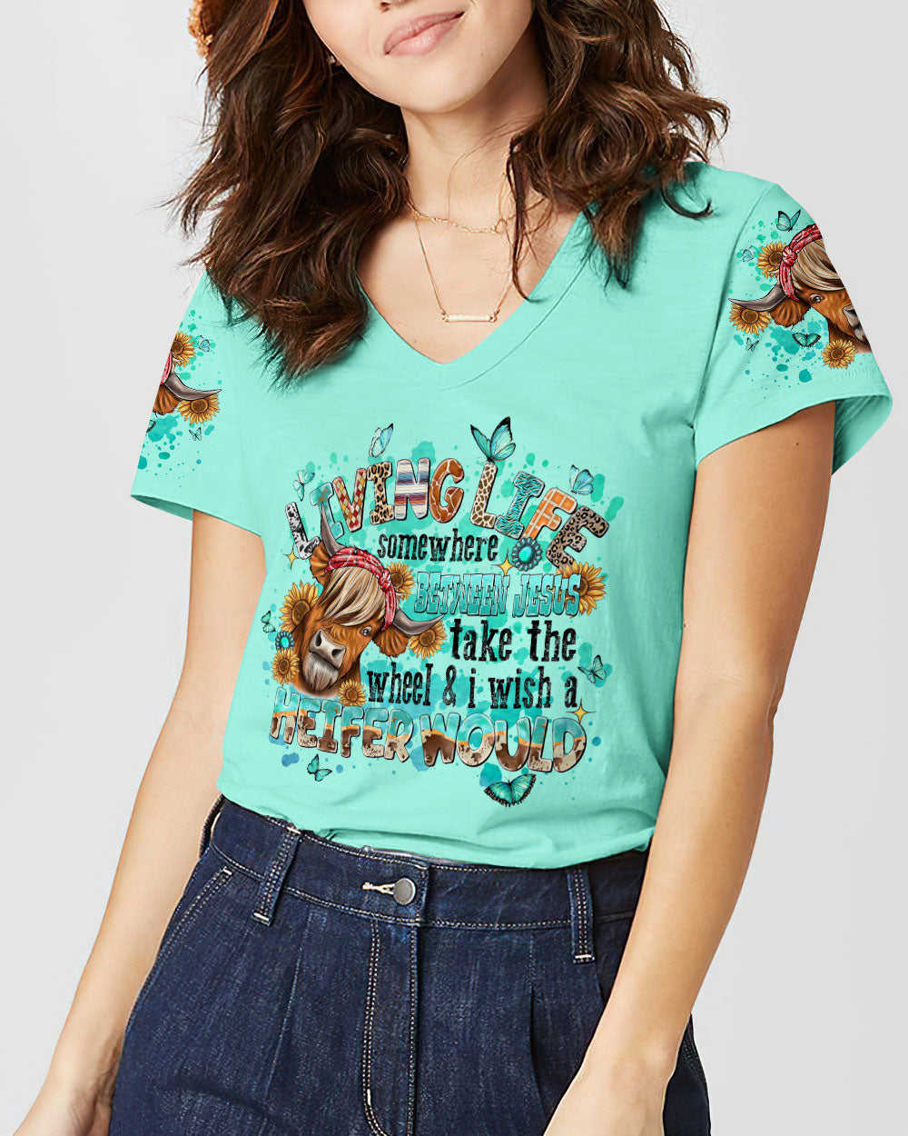 Living Life Somewhere Between Jesus Cow Women's All Over Print Shirt- Tlnt1509232