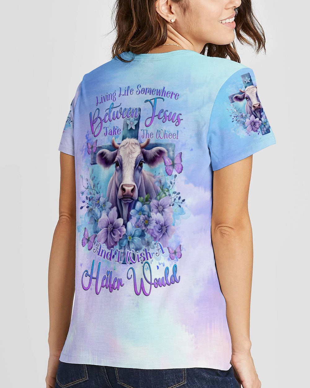 Living Life Somewhere Between Jesus Cow Women's All Over Print Shirt - Tlnz1010231