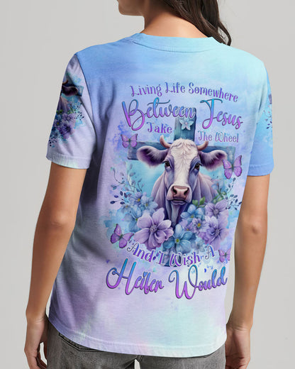 Living Life Somewhere Between Jesus Cow Women's All Over Print Shirt - Tlnz1010231