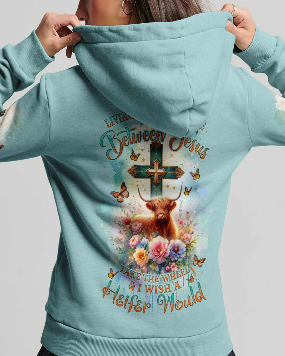 Living Life Somewhere Between Jesus Cow Women's All Over Print Shirt- Tlnz2411233