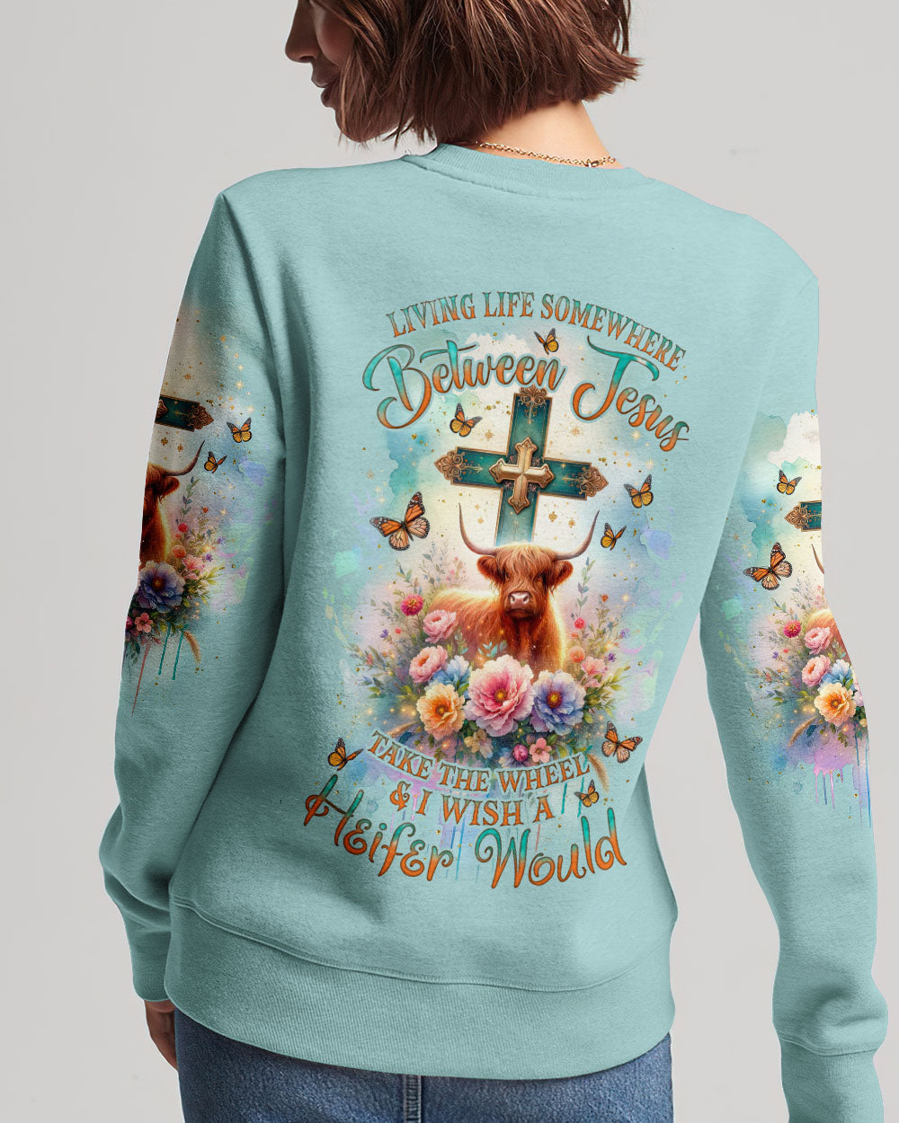 Living Life Somewhere Between Jesus Cow Women's All Over Print Shirt- Tlnz2411233