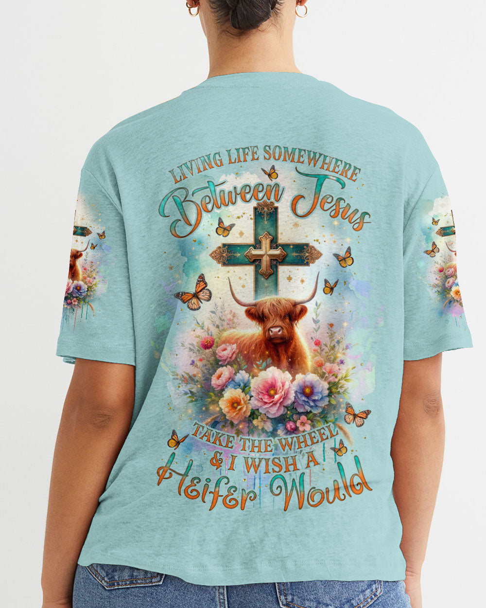 Living Life Somewhere Between Jesus Cow Women's All Over Print Shirt- Tlnz2411233