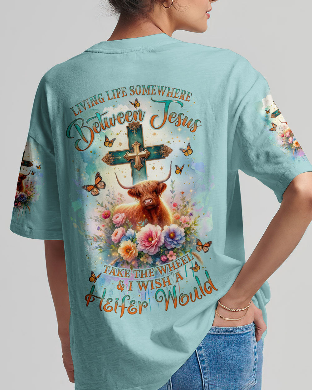 Living Life Somewhere Between Jesus Cow Women's All Over Print Shirt- Tlnz2411233