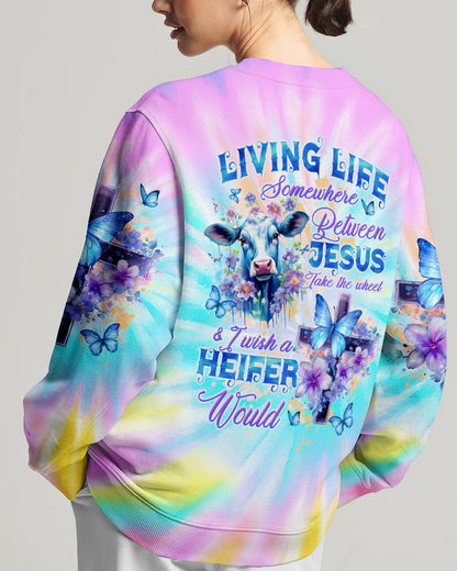 Living Life Somewhere Between Jesus Cow Women's All Over Print Shirt - Tltw1010232