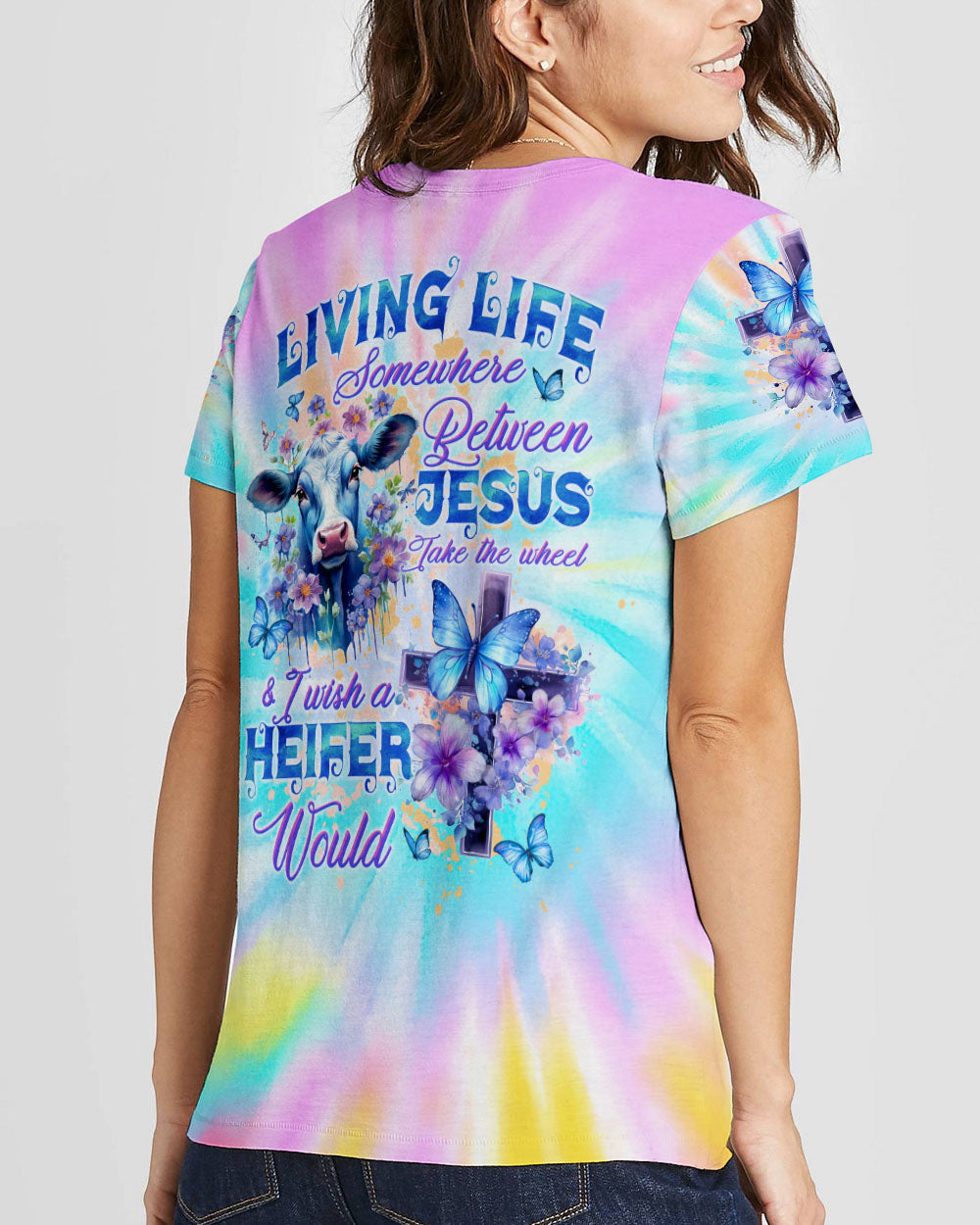 Living Life Somewhere Between Jesus Cow Women's All Over Print Shirt - Tltw1010232