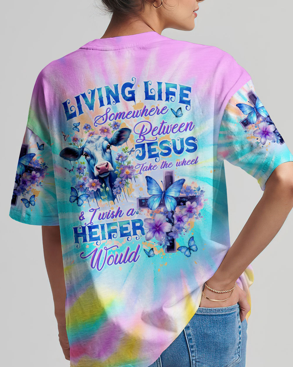 Living Life Somewhere Between Jesus Cow Women's All Over Print Shirt - Tltw1010232