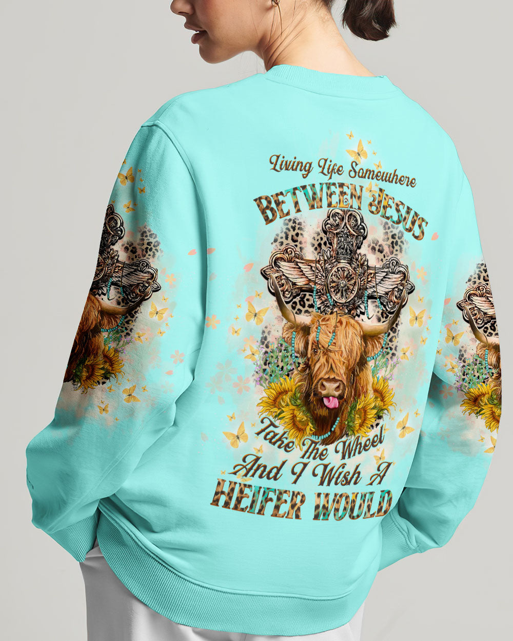 Living Life Somewhere Between Jesus Cow Women's All Over Print Shirt- Tltw2411233