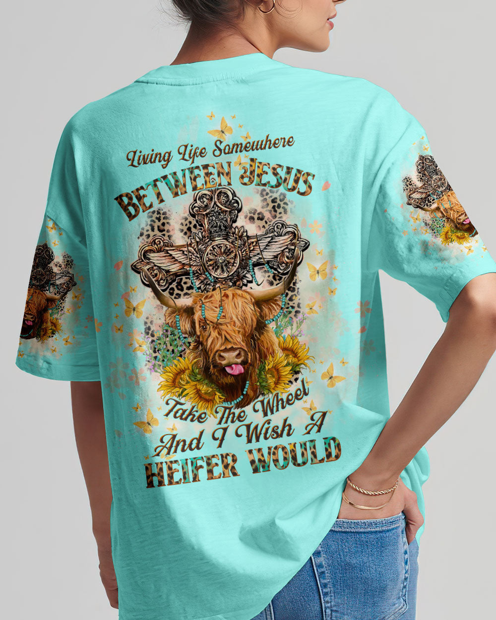 Living Life Somewhere Between Jesus Cow Women's All Over Print Shirt- Tltw2411233