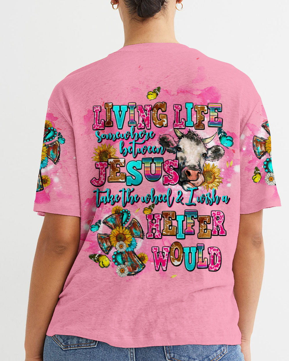 Living Life Somewhere Between Jesus Cow Women's All Over Print Shirt - Tltw3008232